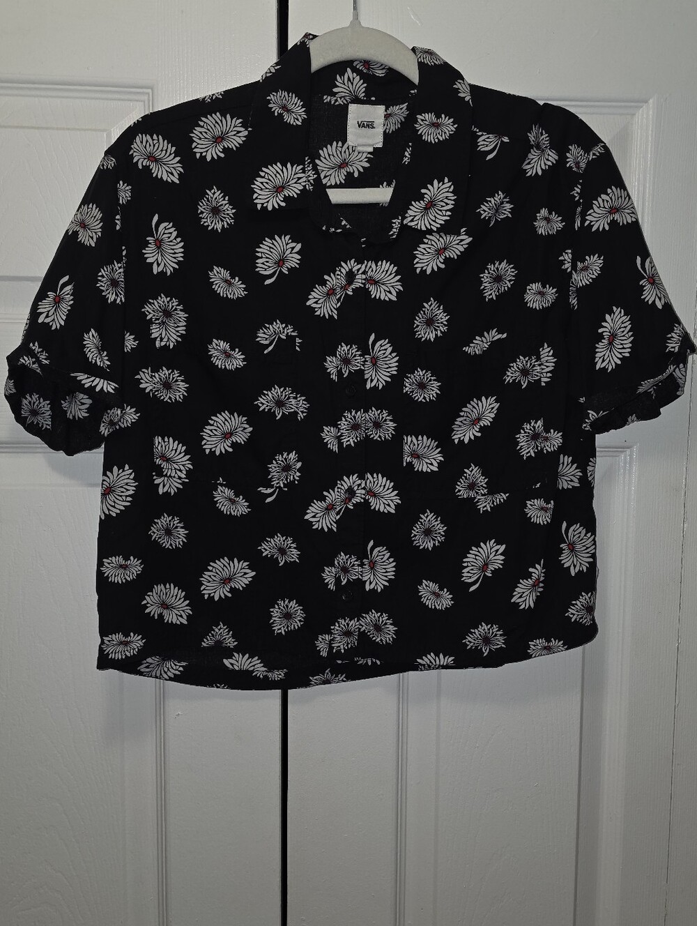 Vans Black Floral Button Down Crop Top Size M